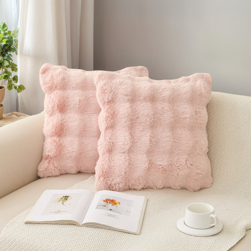 2-Pack 18" X 18" Faux Rabbit Fur Throw Pillow Covers For Sofa And Bed, Pink