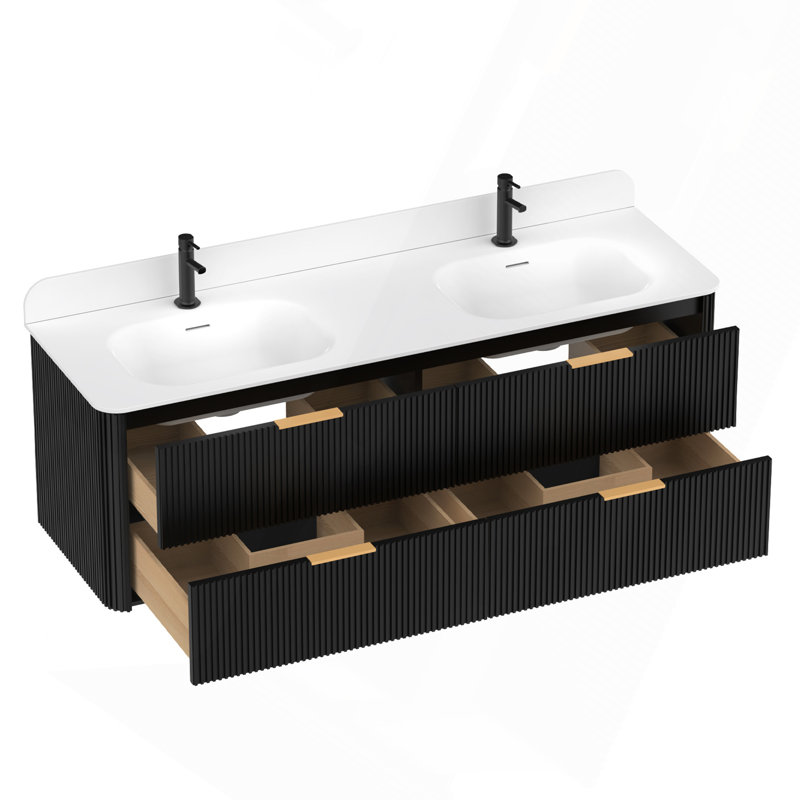 Meuble-lavabo cannelé noir 60 po avec lavabo intégré et quincaillerie dorée, Black