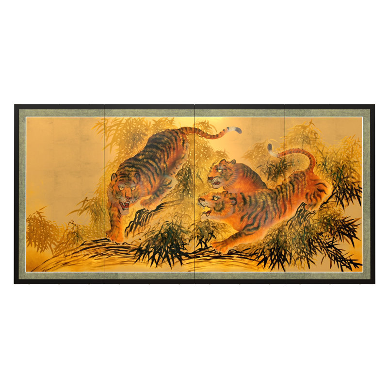 36" x 72" Gold Leaf Dragon In The Sky On 4 Panel Room Divider, Tigers