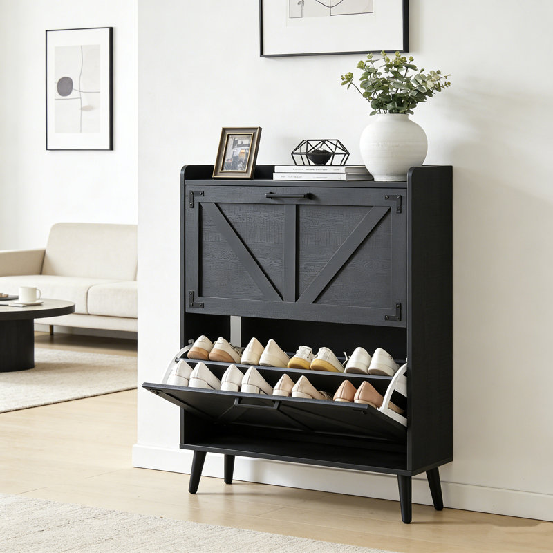 Farmhouse Hidden Shoe Cabinet With 2 Flip-Drawers, Black