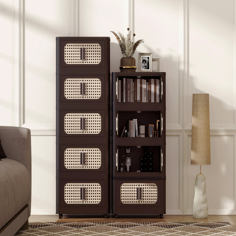 Armoire de rangement pliante en plastique à 5 niveaux avec roues et portes magnétiques, Brun