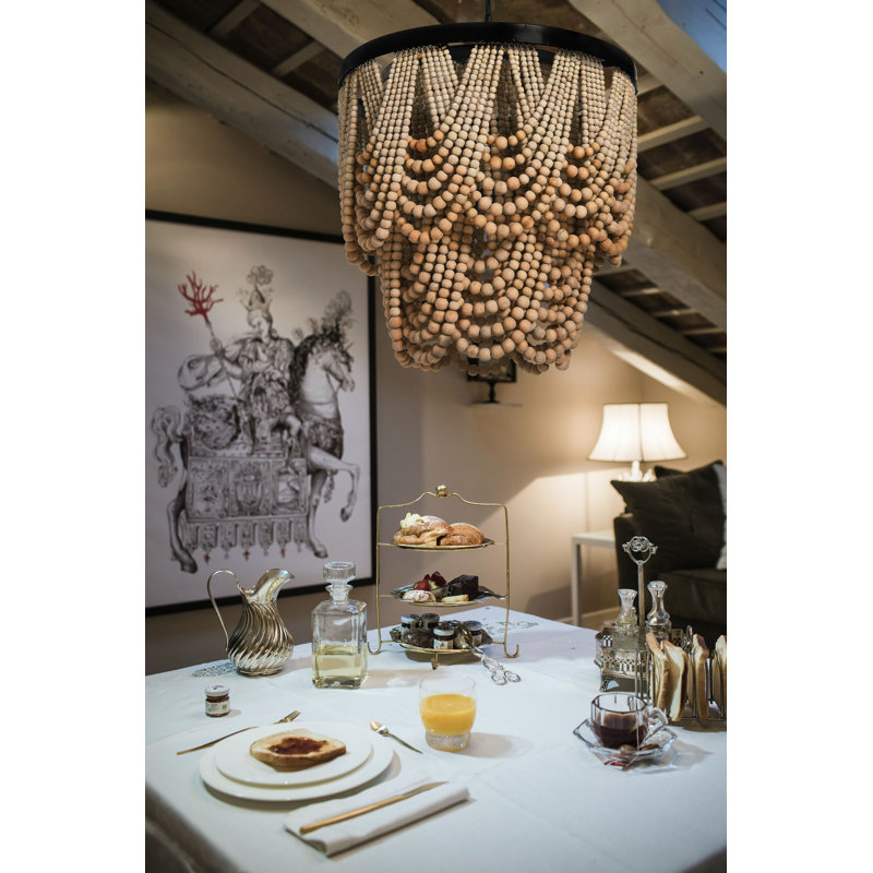 2-Tier Draped Wood Bead Chandelier, Cream