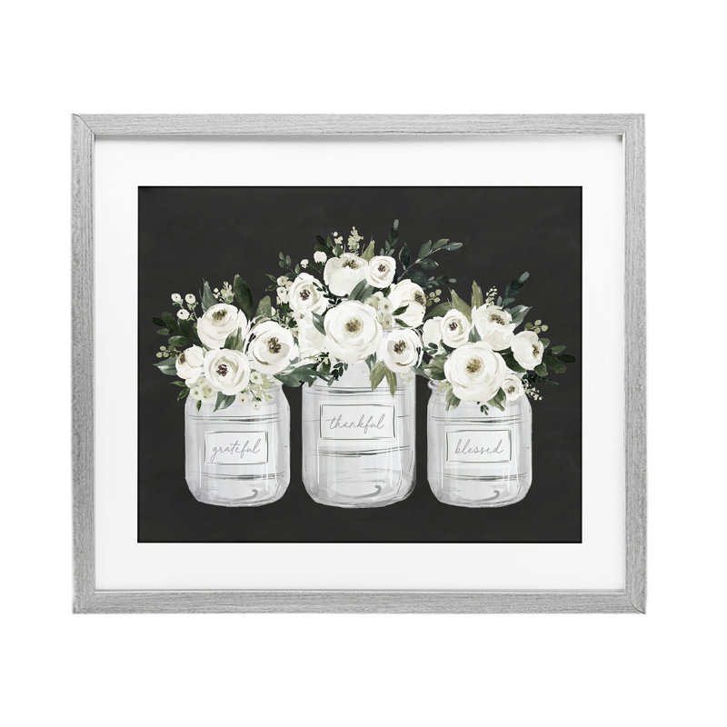 "Floral Farmhouse Jars Trio", reproduction sous verre encadrée, H 17 po x l 21 po, Cadre de ferme gris