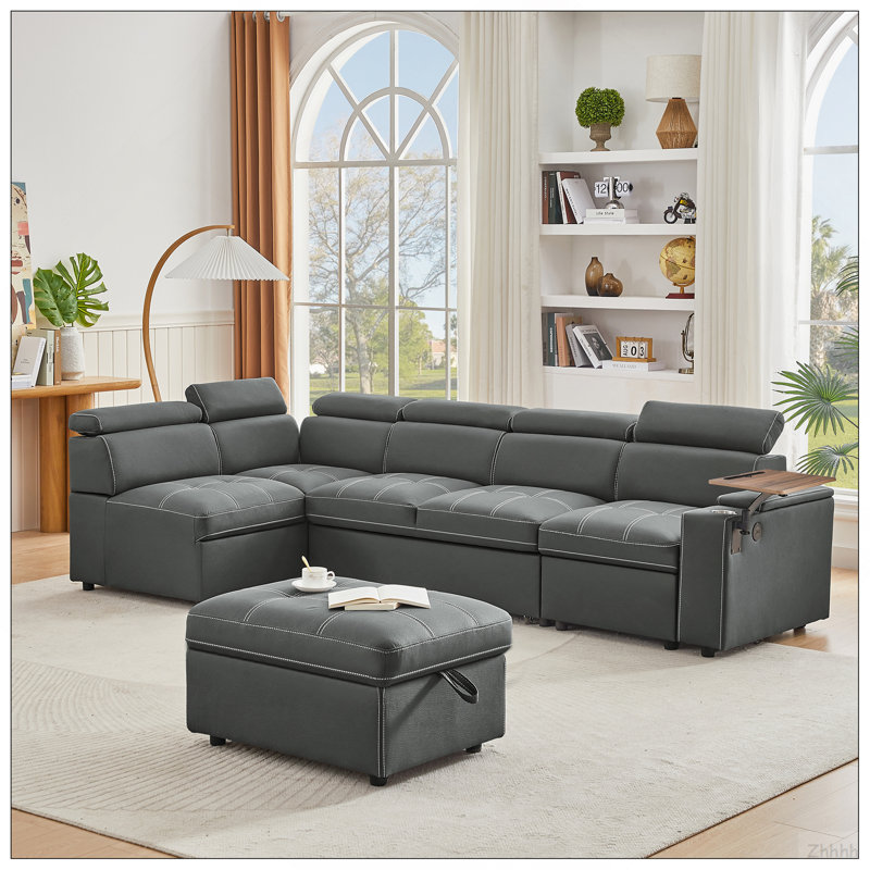 Grey Fabric Sectional Sofa with Storage Ottoman