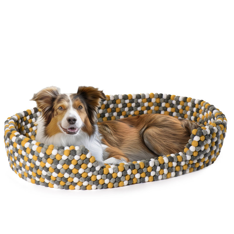 Lit pour animal en laine tricoté à la main MODWOOL l 24 po (jaune neutre), Blanc / Gris / Jaune, H 6,5 po x l 32 po x P 24 po