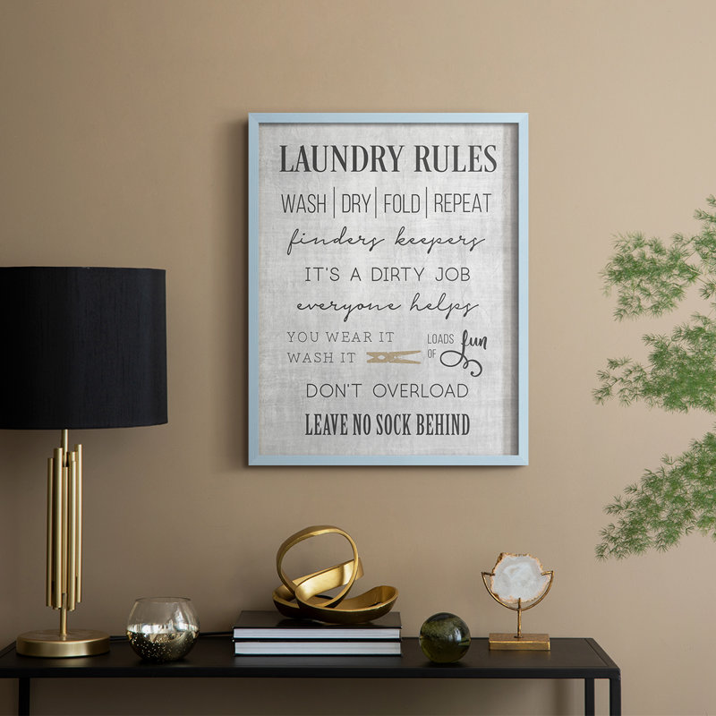 Neutral Laundry Rules Framed Print - Solid Wood, 30" H x 24" W, Blue