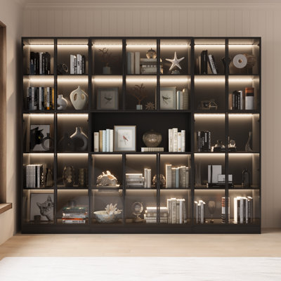 Diaplay Case With Glass Doors And Led Lights, Combination Storage Cabinet With 19 Shelves, Modern Glass Display Cabinei Set Of 3 by Ivy Bronx