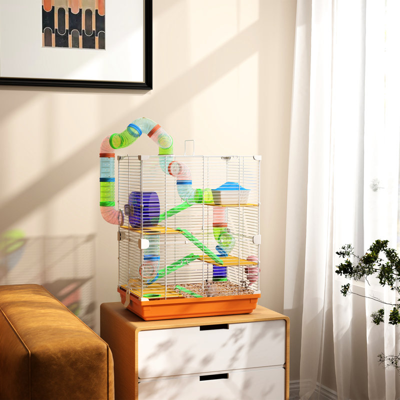 Cage à hamster de 18 po avec 5, tubes, tunnels, poignée de transport, orange, plat de nourriture, bouteille d'eau, roue d'exercice pour petits hamsters et tubes portatifs