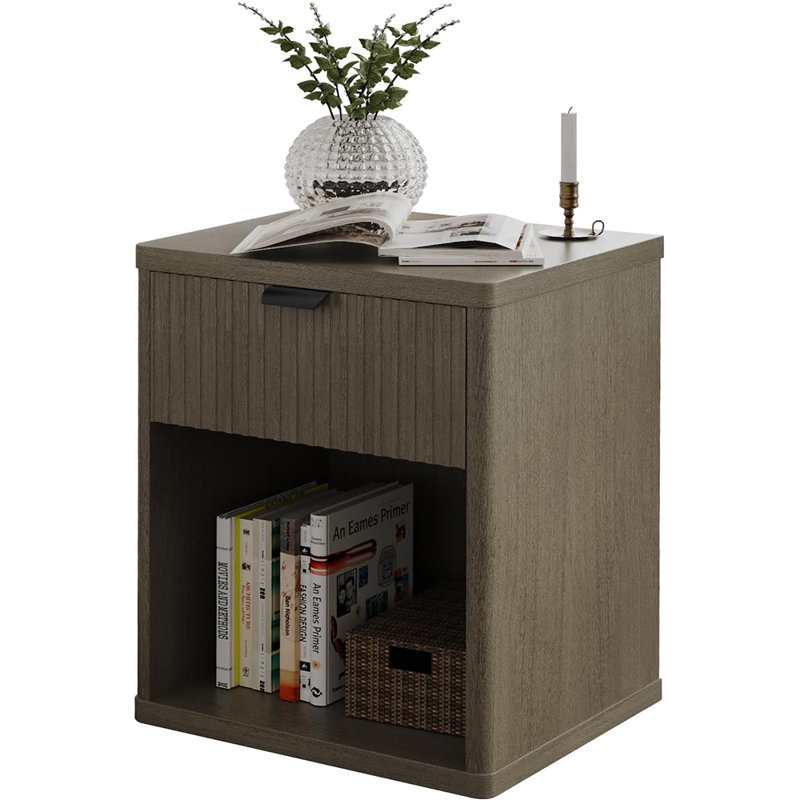 Table de chevet avec tiroir cannelé - Table de chevet moderne en bois de style Mid-Century pour chambre à coucher, salon, bureau - Table de bout élégante avec niche ouverte