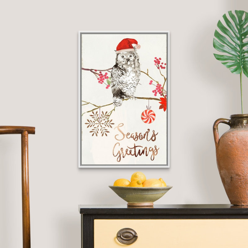Christmas Owl II - reproduction d'art textuel sur toile, H 26 po x l 18 po x P 1,75 po, Cadre blanc
