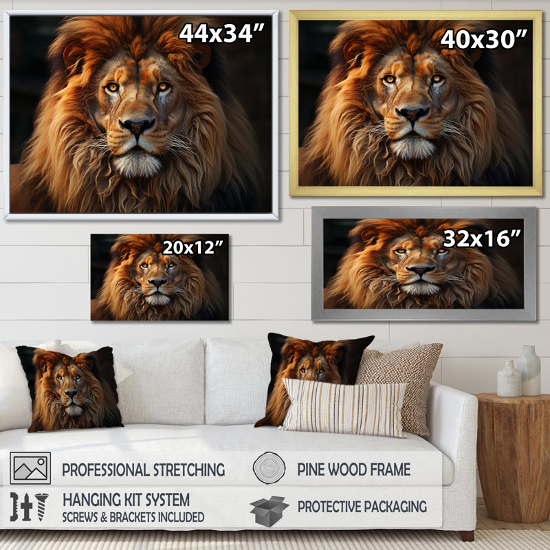 «Lion Portrait - Lion», reproduction sur toile encadrée, H 16 po x l 32 po x P 1 po, Cadre flottant doré