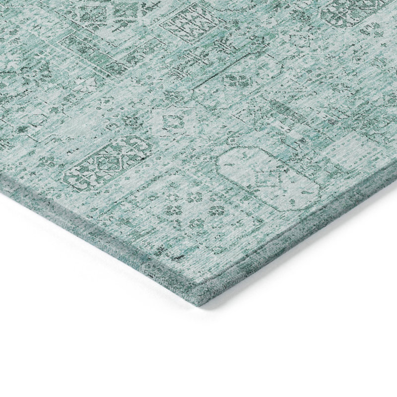8' X 10' Teal Blue Aqua And Gray Floral Washable Indoor Outdoor Area Rug, Rectangle 3' X 5'