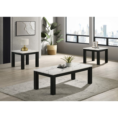Ensemble de table de salon blanc et noir 3 pièces avec table basse et deux tables de bout assorties