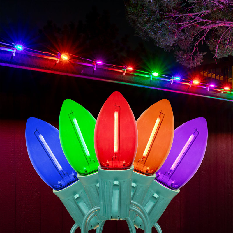  25 Feet LED C9 String Lights, Translucent Multicolor, 25 Bulbs with 12 Inch Spacing on Green Wire, Connect Up To 43 Strings Together, Shatterproof and Weather Resistant Removable Bulbs