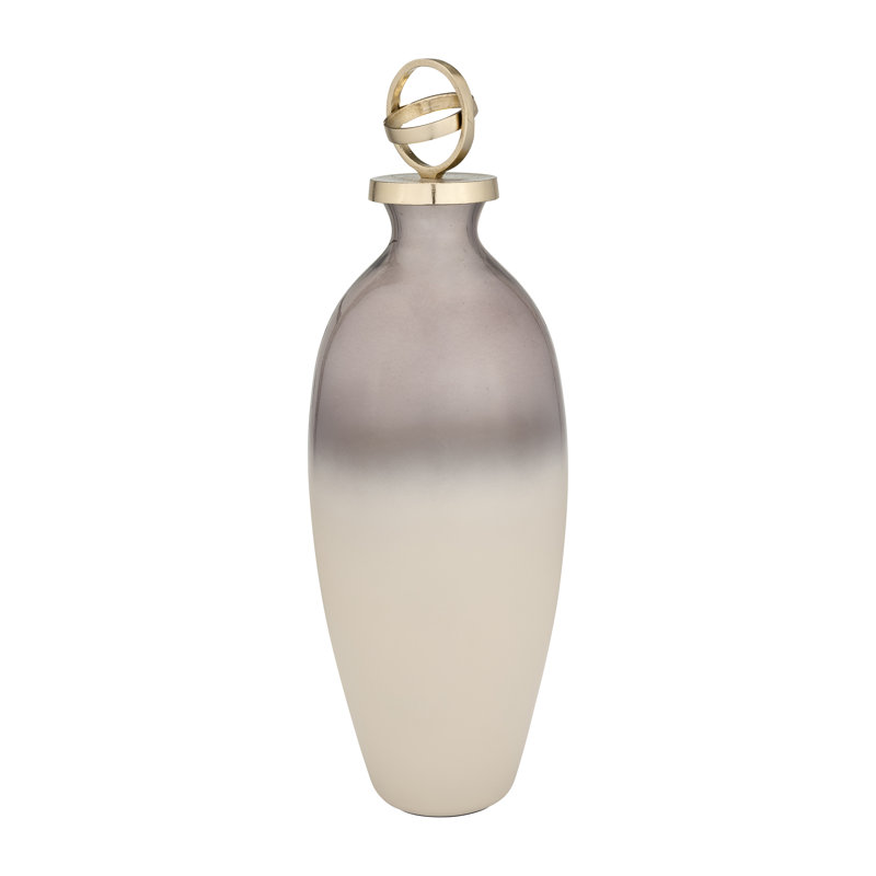 Decorative Gradient Glass and Metal Bottle Jar with Lid for Table Display - Sleek Tall Jar Modern Home Accent for Living Room Styling - White & Gold