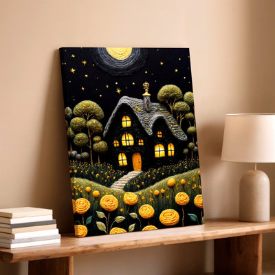 Nuit fantaisiste, chalet, peinture, lune jaune, fleurs, paysage, impression sur toile, paysage naturel, décoration de bureau de salon, décoration murale surréel moderne pour appartement, loft, entrée, maison