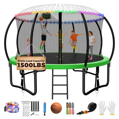 Trampoline de cour arrière 14 pi avec enceinte de sécurité Fiziti, enceinte de basketball, arroseur, lumières