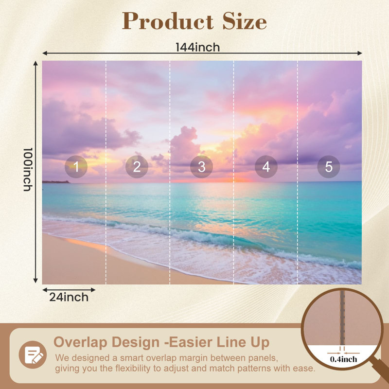 Papier peint adhésif mural Coastal Sérénité, calme, océan, rose, mauve, ciel, mauves, décorations murales adhésives amovibles en PVC, H 100 po x l 144 po, pour chambre, salon, salle de bain, bureau