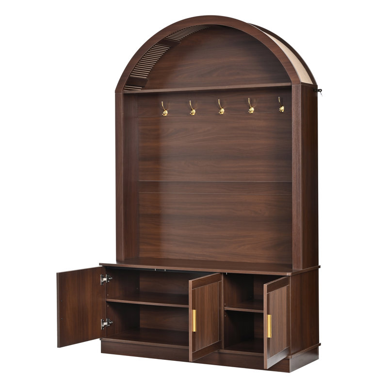 Farmhouse Arched Hall Tree with Storage Bench, Fluted Storage Cabinets, Adjustable Shelves and 5 Coat Hooks, Entryway Organizer