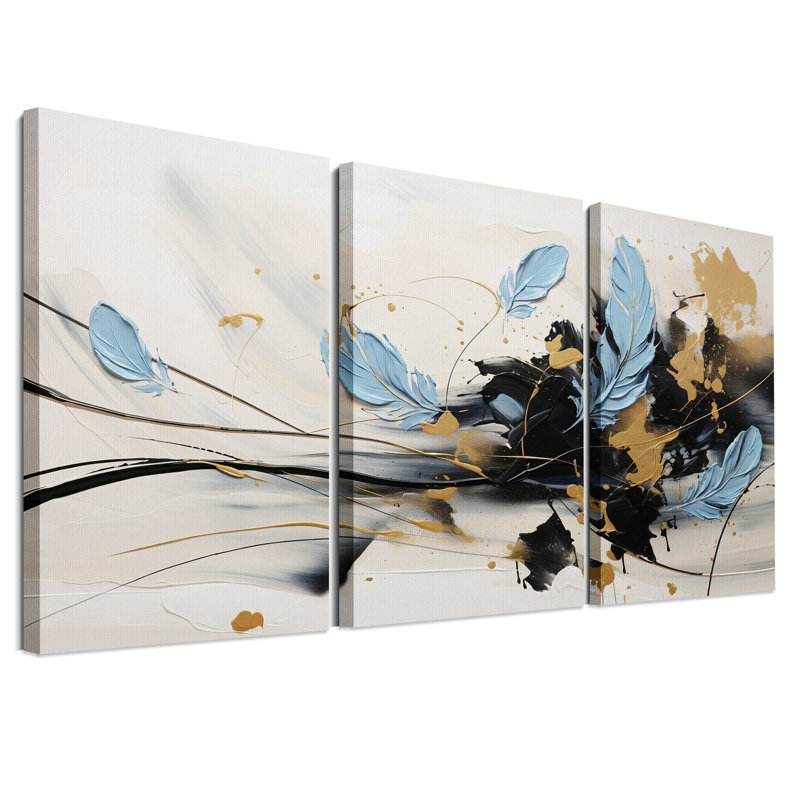 «Blue Feathers», ensemble de 3 toiles abstraites noires et dorées, H 24 po x l 16 po x 3 pièces