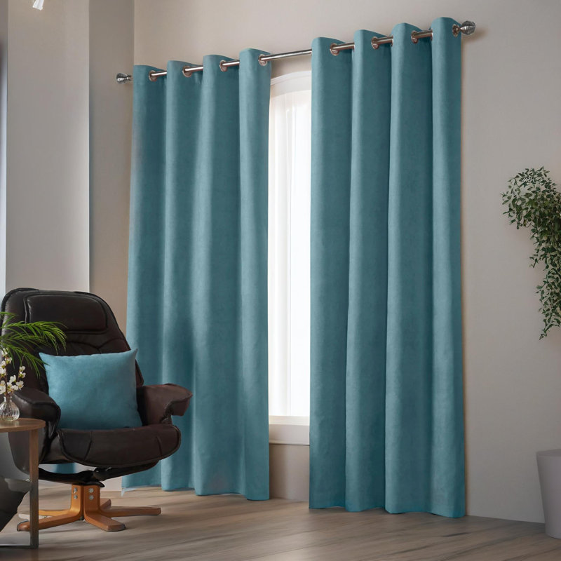 Nalaiyah Velvet Chenille Eyelet Curtains, 142cm Width x 229cm Drop, Teal