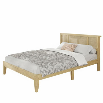 Base de lit plateforme Boho avec tête de lit en rotin tissé à la main, base en métal robuste et lattes en bois massif, structure silencieuse, aucun sommier requis pour les chambres modernes