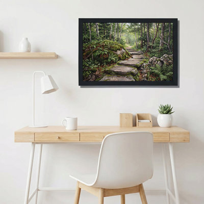 Art sur toile, chemin de pierre à travers des bouleaux et des fougères vertes
