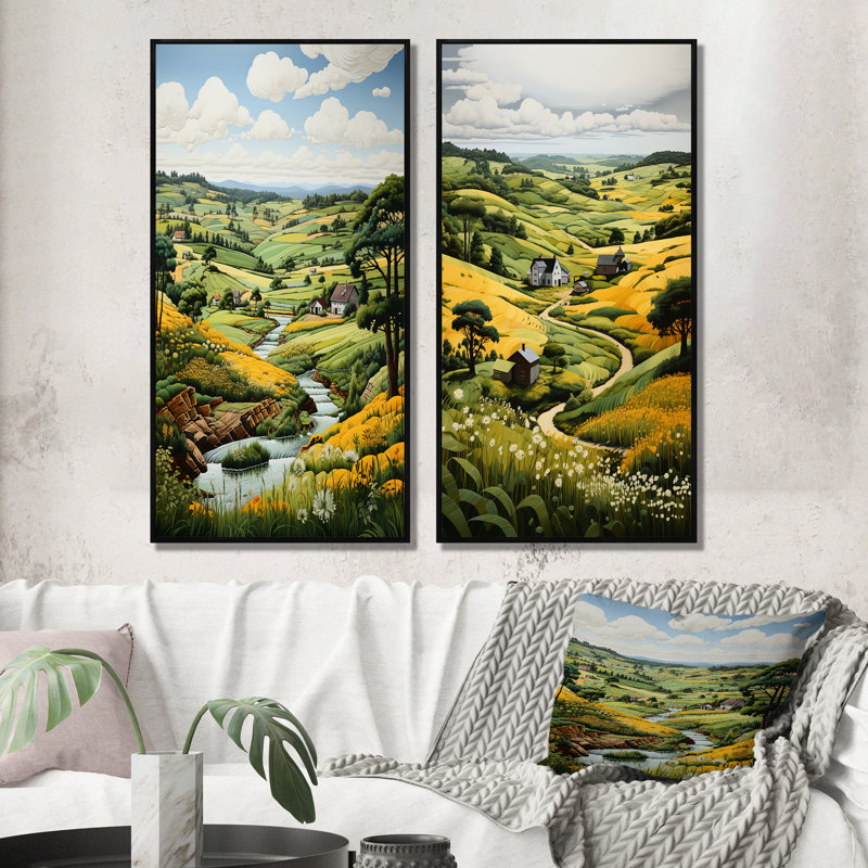 "Paysage de campagne vert et jaune" - 2 pièces sur toile, Cadre noir, H 32 po x l 32 po