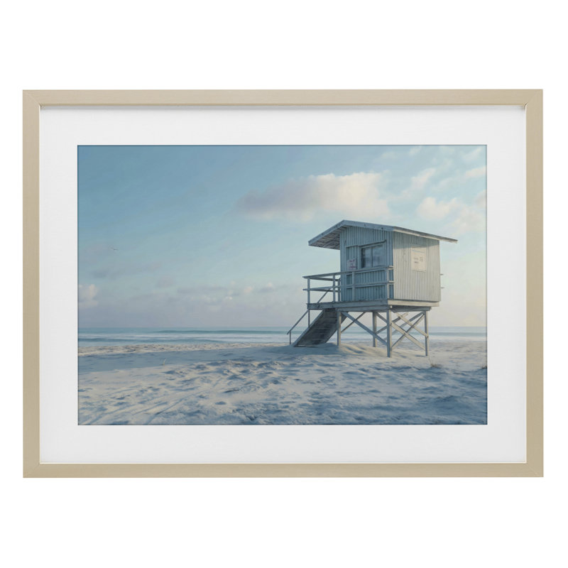 Blue Beach Scene, reproduction encadrée sous verre, design par LSR Design Studio, H 17 po x l 23 po, Cadre de récolte en pin