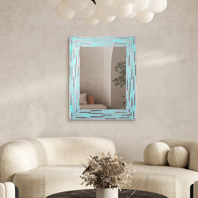 Sutphen Coastal Aqua Blue Reeded Tiled Glass Mosaic Accent Wall Mirror, Green