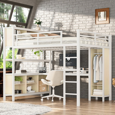 Grand lit mezzanine en métal avec bureau, garde-robe et tablettes de rangement, sol moderne en forme de L pour économiser de l'espace