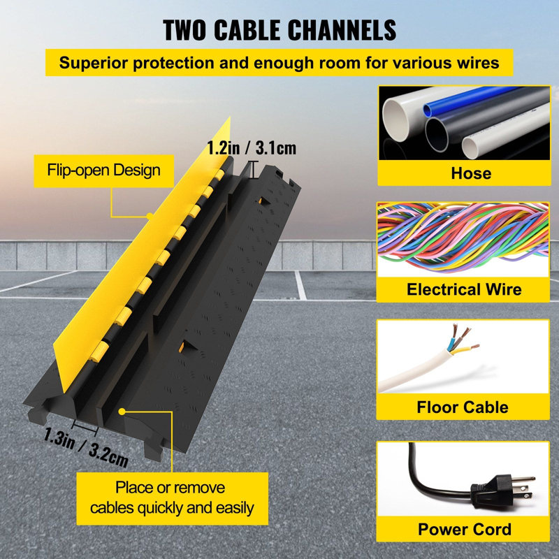 Rubber Cable Guard 40.5 x 10 x 2 in 5-Pack 2-Channel Wire Hose Protection Ramp Black/Yellow with 66000 lbs Capacity