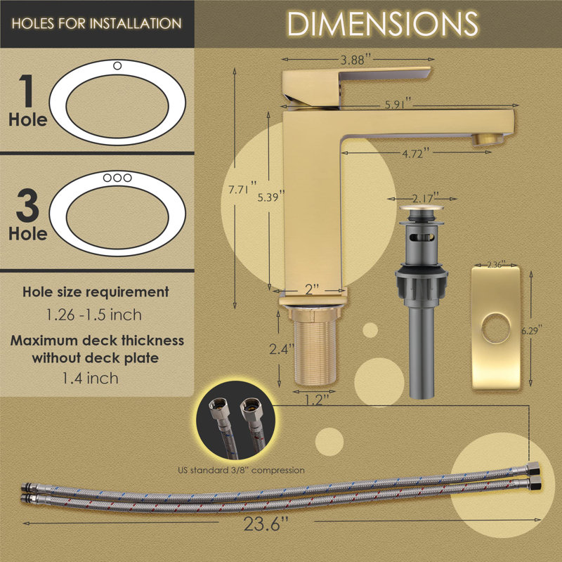 Single-Hole Single-handle Bathroom Faucet with Drain Assembly, Gold