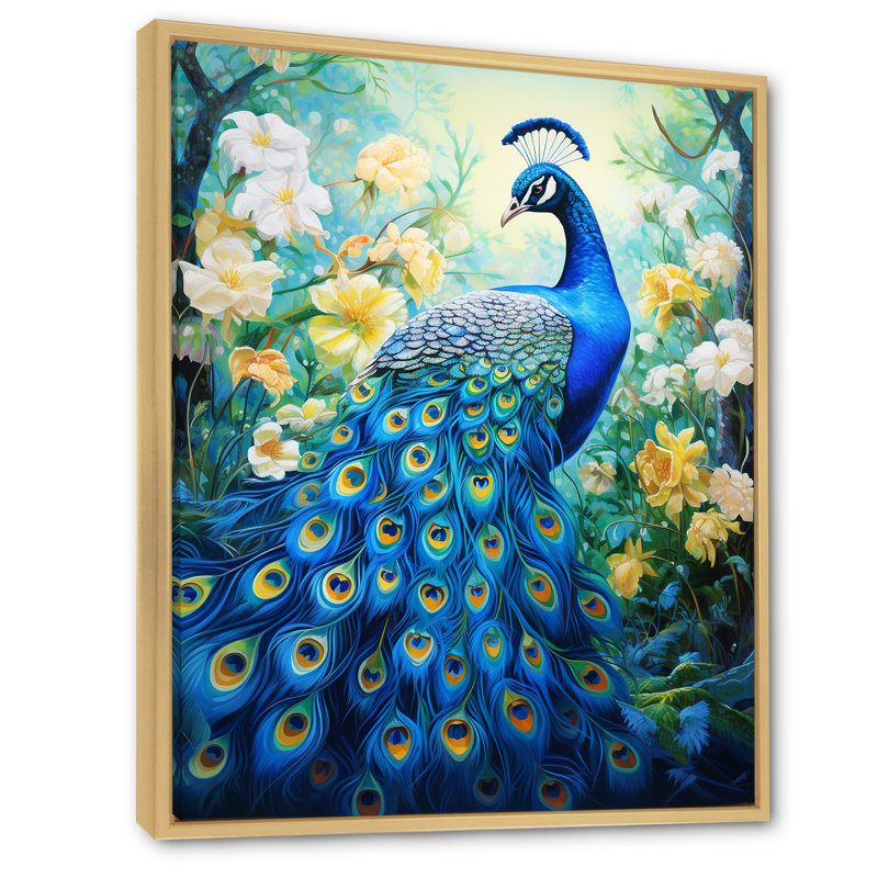 Yunick Teal Peacock Symbolist - Print, 32" H x 16" W, Natural Floater Framed