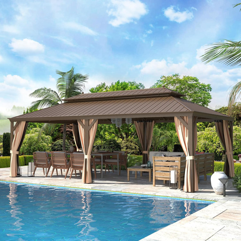 14' X 24' Hardtop Gazebo, Galvanized Steel Double Roof, Aluminum Frame With Curtain & Netting