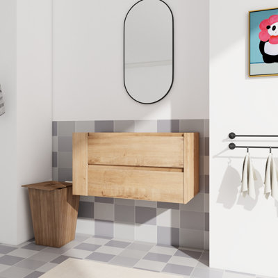 Meuble-lavabo mural moderne 36 po, poignée biseautée 45 po, tiroir à fermeture en douceur, chêne imitation, contreplaqué, tablettes réglables, meuble-lavabo 36 po Decor Element