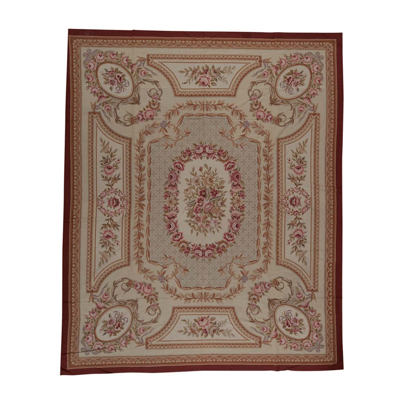 Tapis crème / rose / vert clair de haute qualité noué à la main