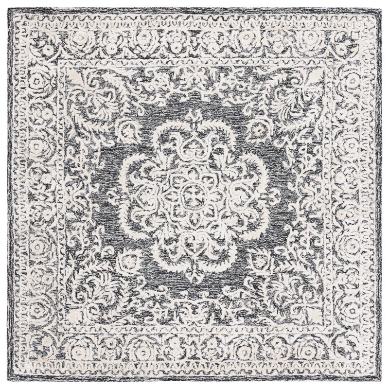Handmade Black and Ivory Wool Tufted Square Rug
