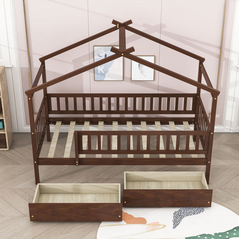 Heulwen Two Drawers Wooden House Bed, Walnut, Twin