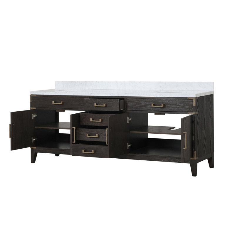 Brown Oak Double Bath Vanity 84 In. W X 22 In. D, With Carrara Marble Top, Brown Oak