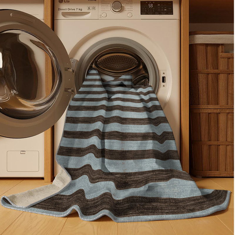 Tapis gris à rayures horizontales lavable à la machine, Rectangle 7 pi x 9 pi