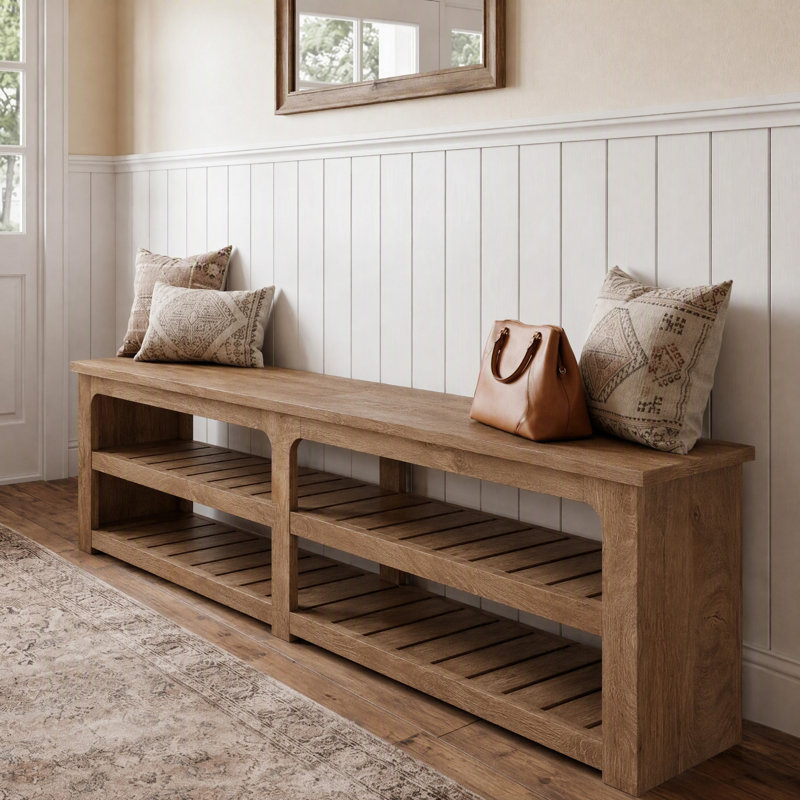 Banc de rangement pour chaussures 70,9 ", banc d'entrée avec tablettes ouvertes à 2 niveaux