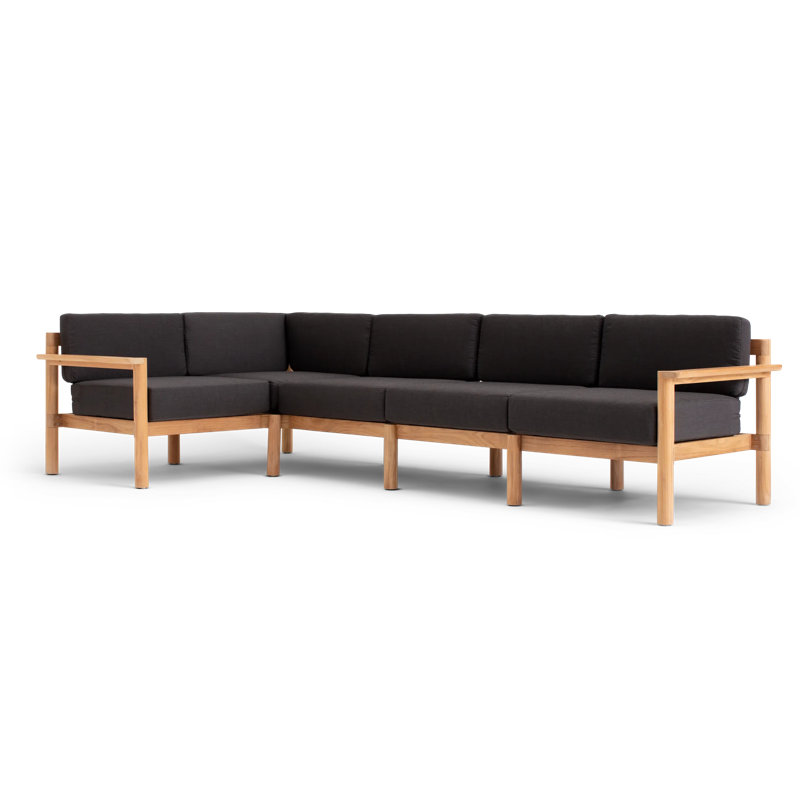 Haven 5-Piece Teak Outdoor Sectional with Sunbrella Cushions and Wooden Armrest, Sunbrella Coal