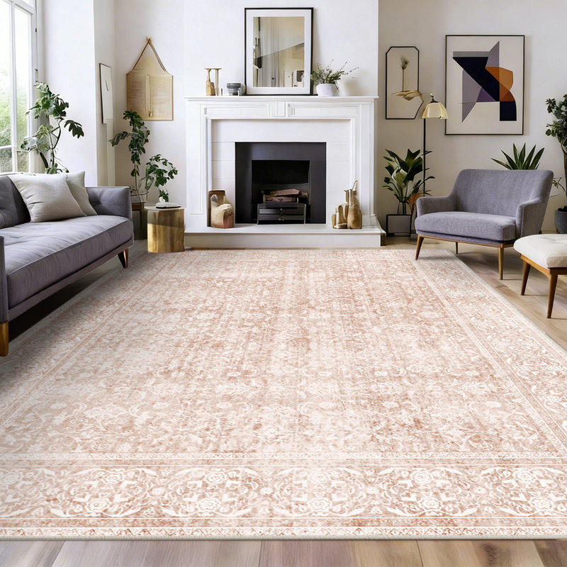 Washable Area Rug Pink Floral Soft Accent Carpet Vintage Inspired Distressed Low Pile for Living Room Dining Room Bedroom Den