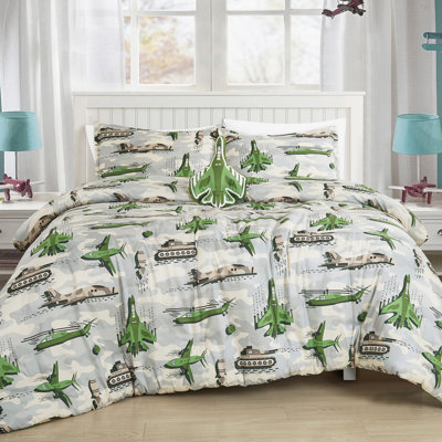 3-Piece Military Adventure Printed Microfiber Comforter Set - Camouflage Pattern Bedding for Kids with Helicopters, Tanks, and Fighter Jets