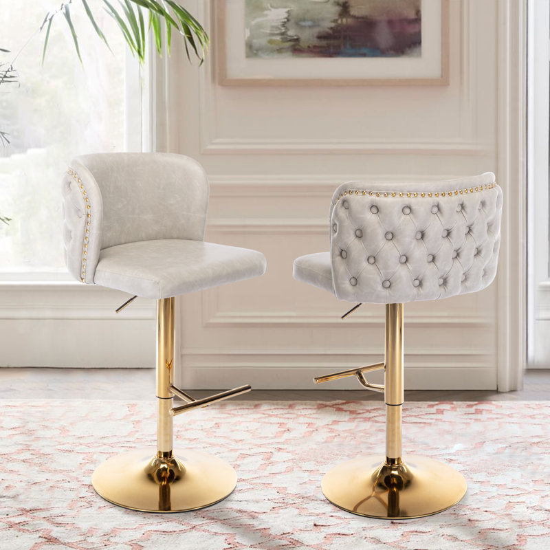 Tabourets de bar modernes rembourrés en polyuréthane avec dossier entièrement capitonné, Or, Beige, 2