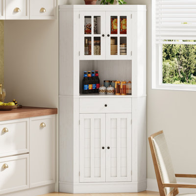 Tall Pantry Cabinet With Drawers And Adjustable Shelves, Farmhouse Corner Storage Cabinet With Glass Doors, Kitchen Sideboard With Power Outlets, For by Winston Porter