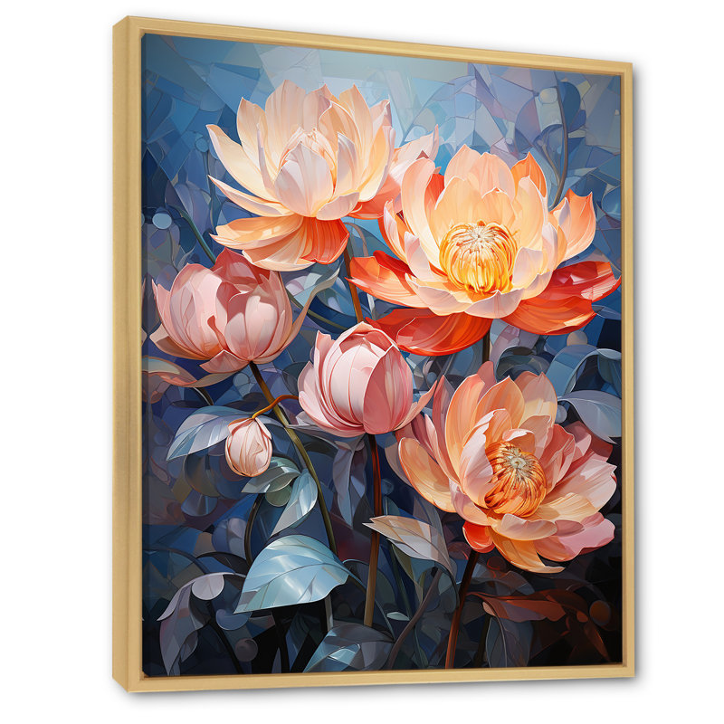 Lotus cubiste harmonie sur toile, Cadre naturel flottant, H 32 po x l 16 po x P 1 po