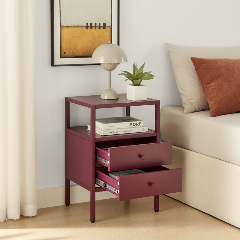 40cm W Metal Bedside Table, Maroon