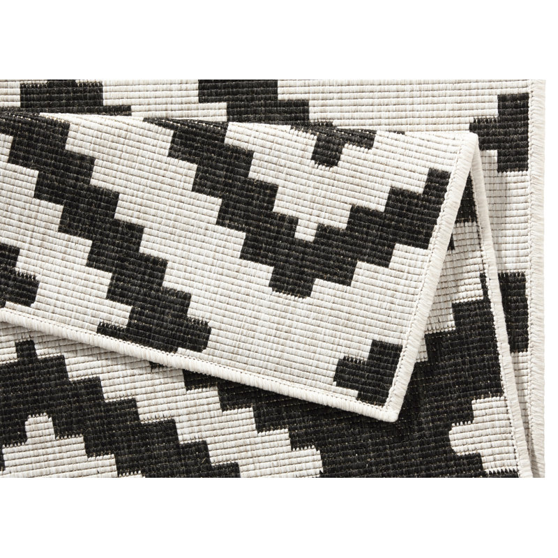 Malta - Indoor & outdoor rug, flat weave, living room, balcony, terrace, geo pattern - black cream, Rectangle 120 x 170cm